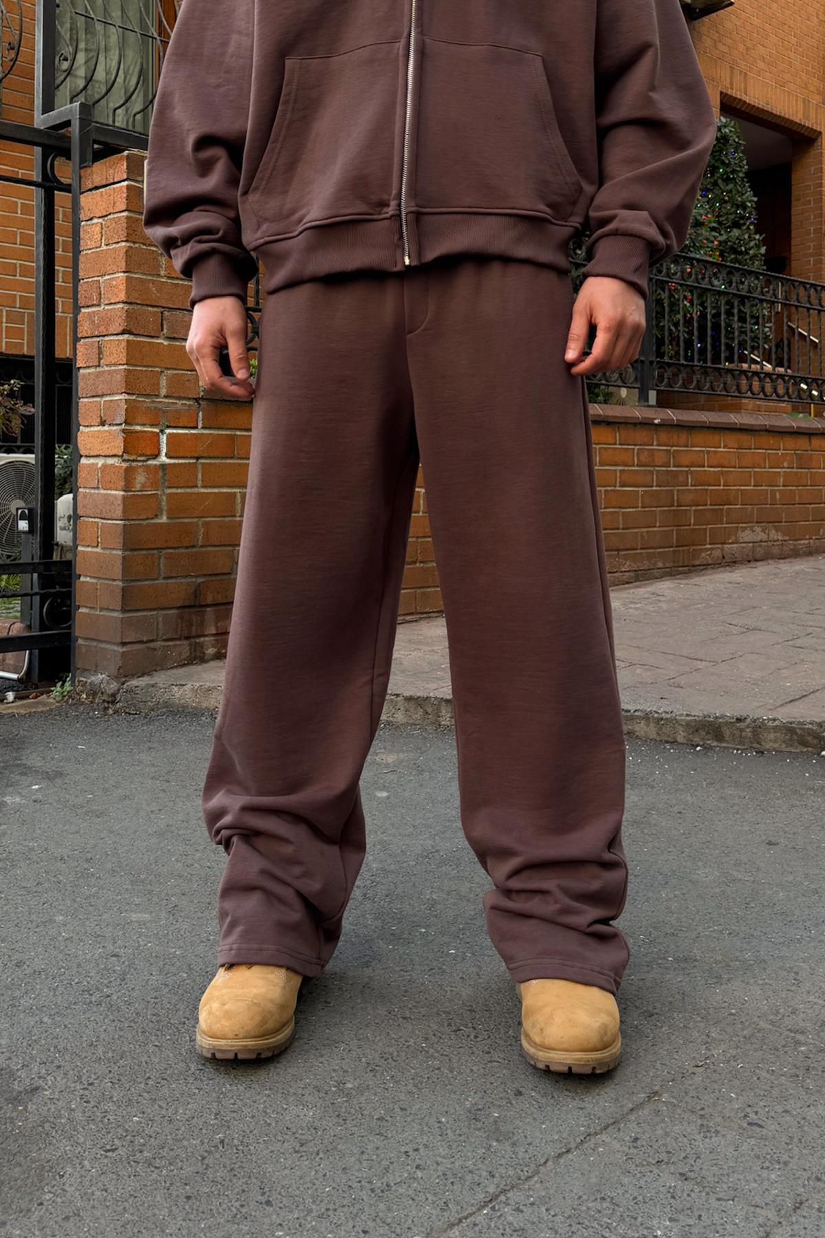 Diyagonal Premium Kumaş Bel Lastikli Eşofman Altı Kahverengi