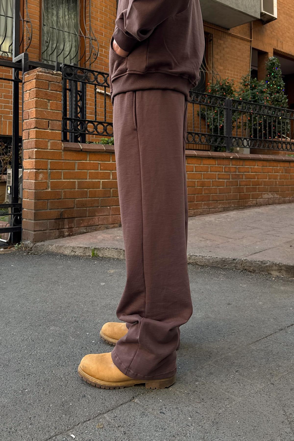 Diyagonal Premium Kumaş Bel Lastikli Eşofman Altı Kahverengi