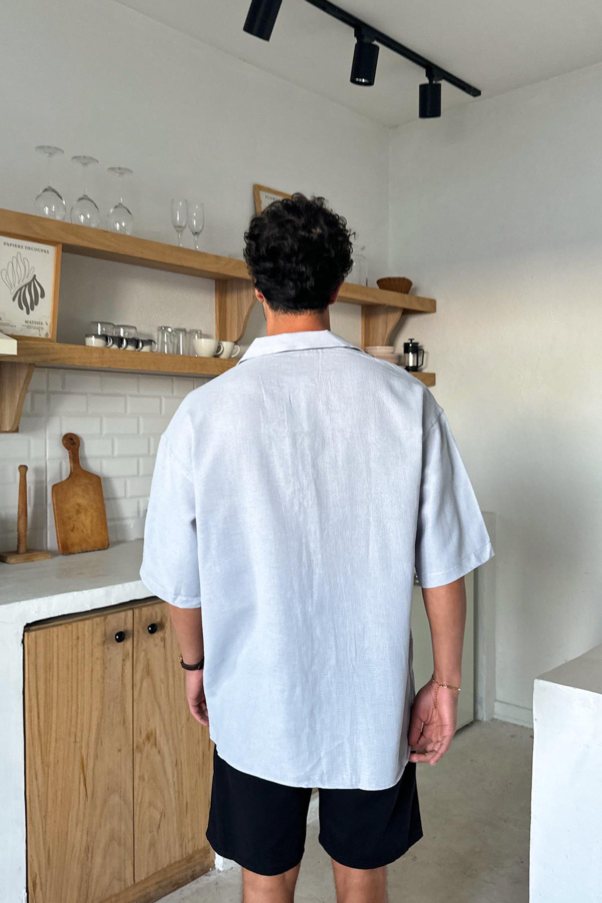 Gri Dokuma Oversize Kısa Kol Gömlek