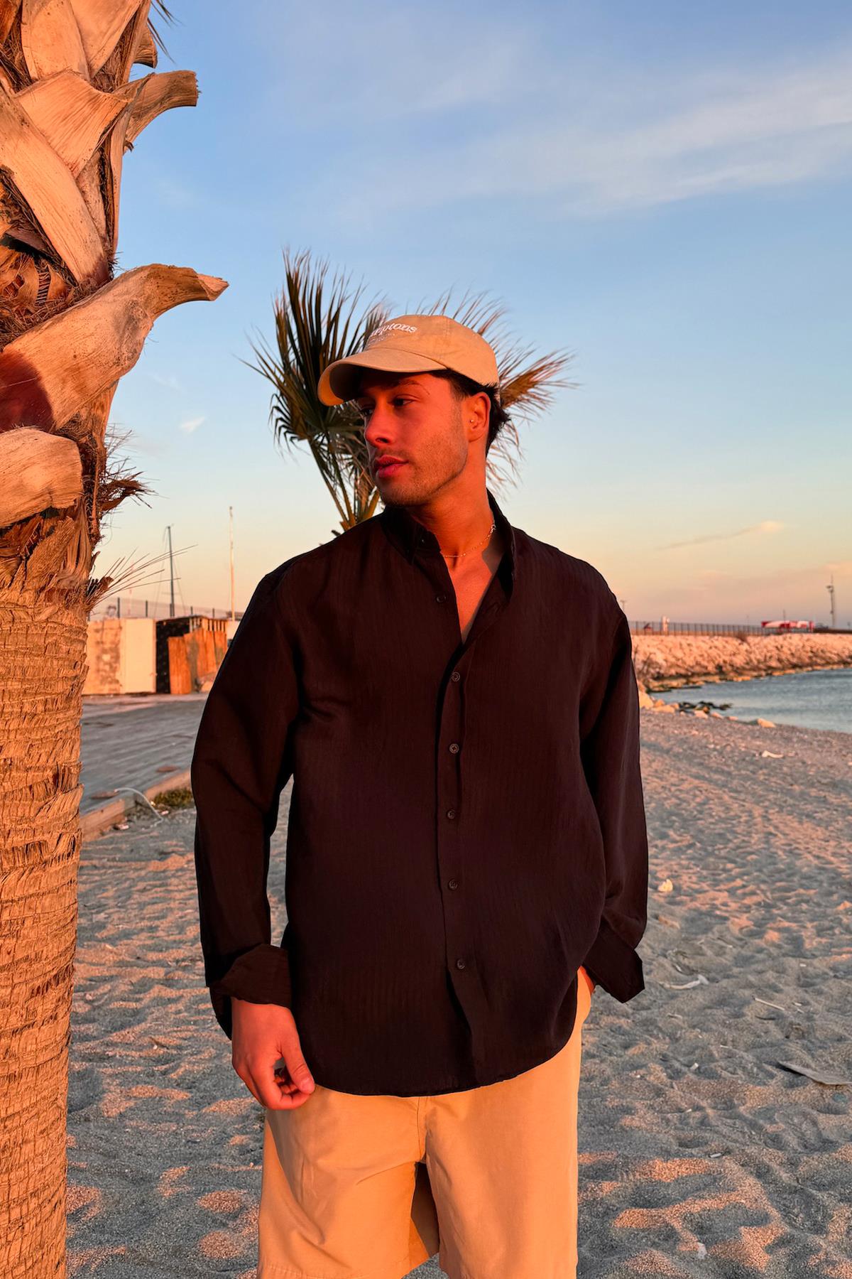 Dökümlü Çizgili Uzun Kol Oversize Gömlek Siyah