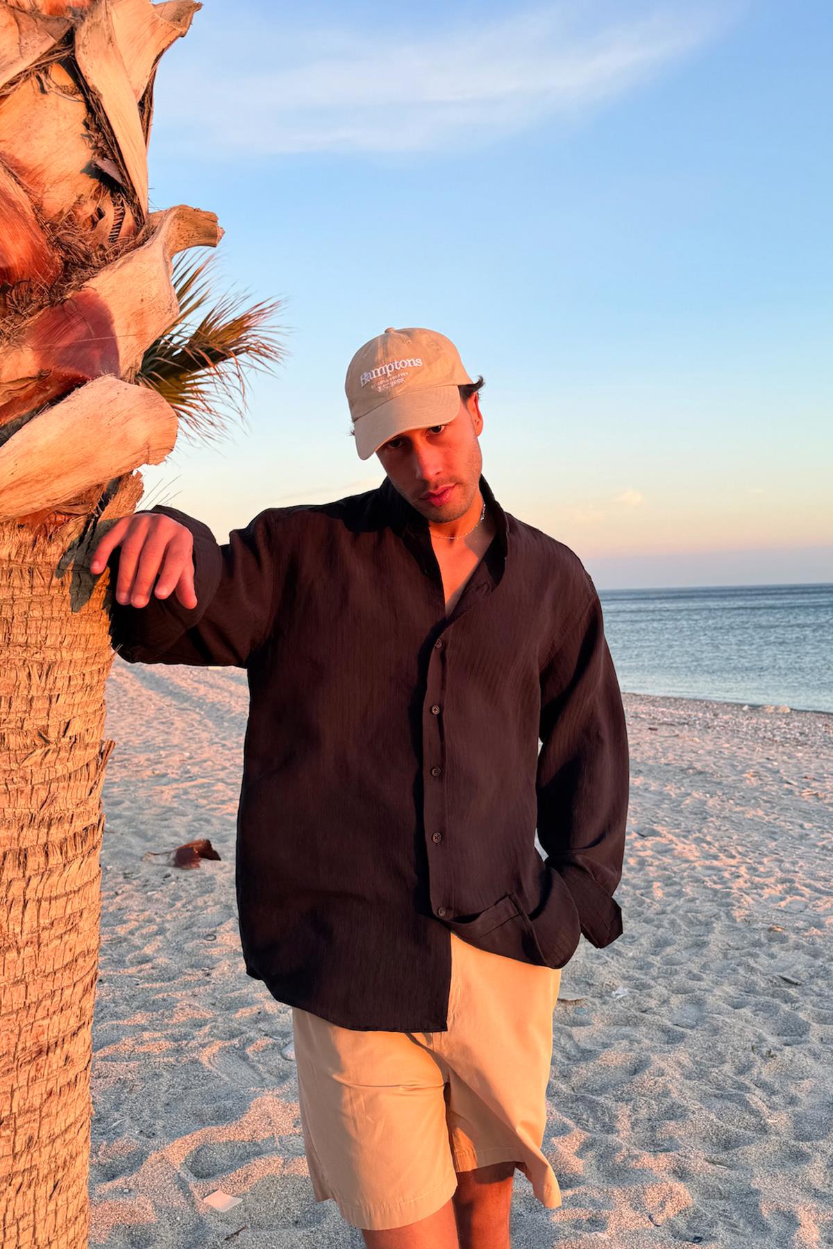 Dökümlü Çizgili Uzun Kol Oversize Gömlek Siyah