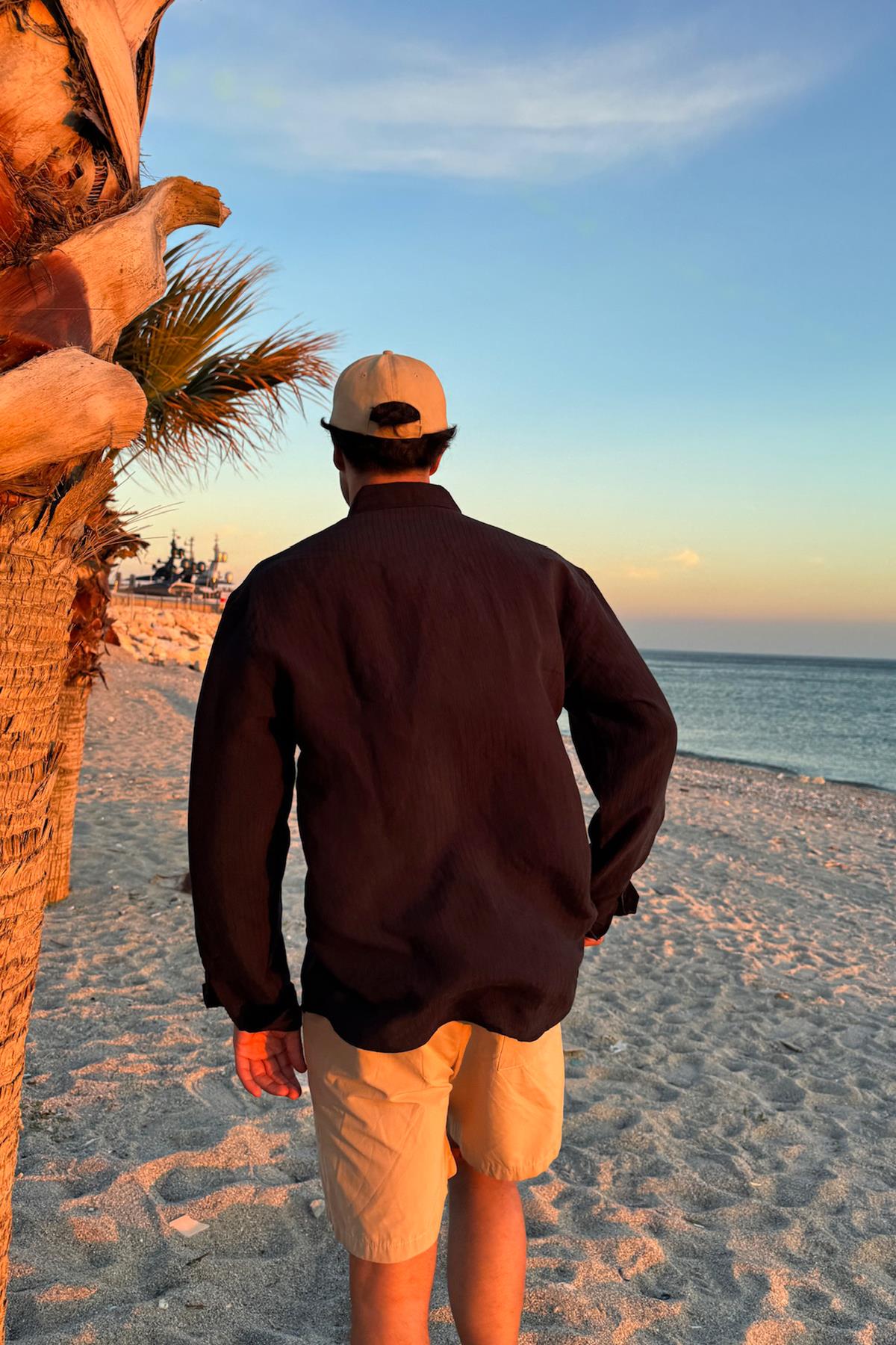 Dökümlü Çizgili Uzun Kol Oversize Gömlek Siyah