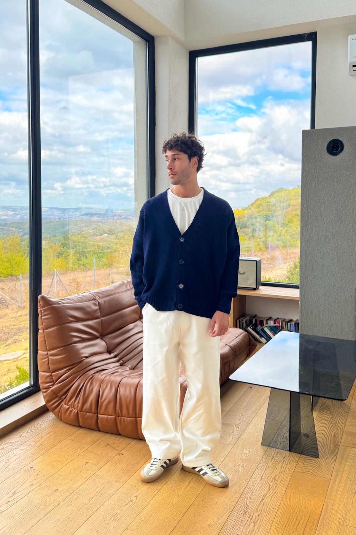 Düğme Detay Oversize Triko Hırka Lacivert