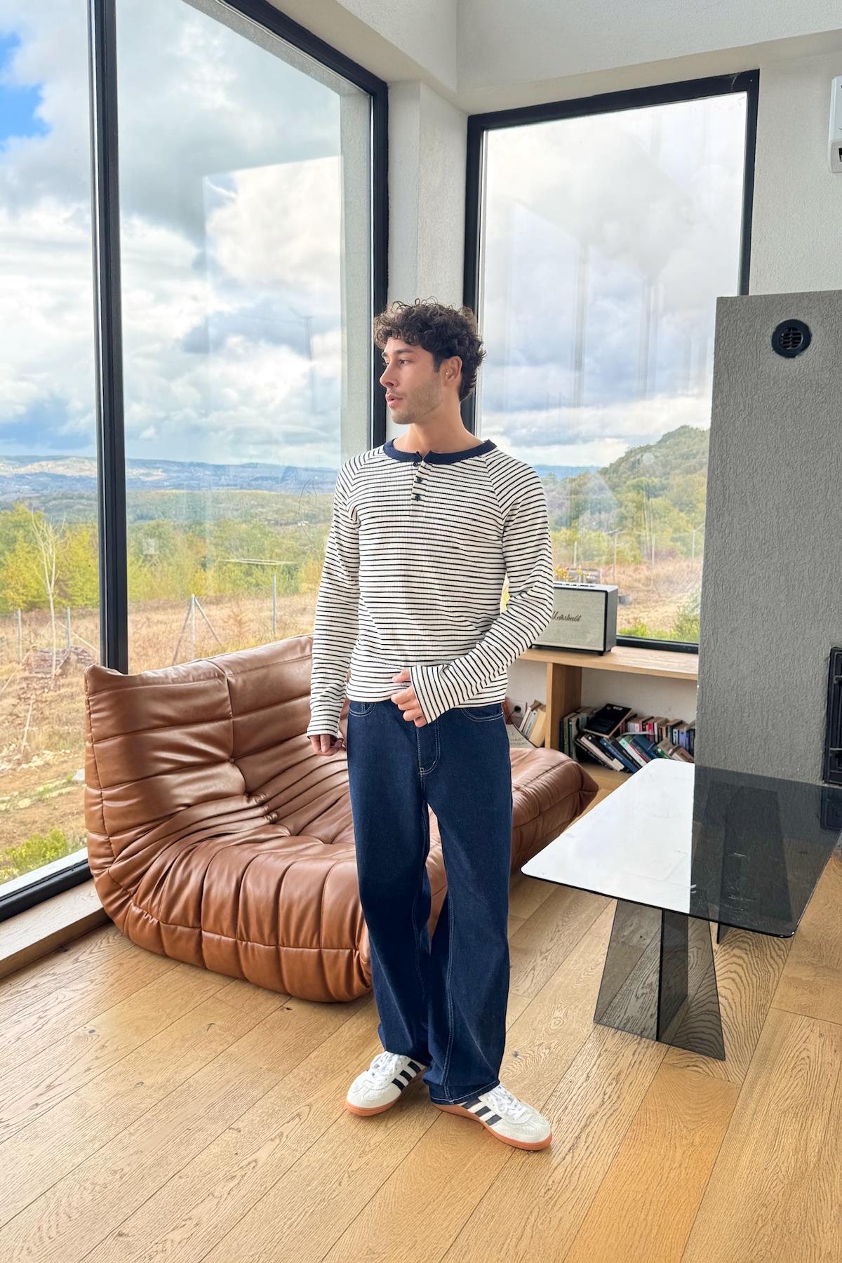 Düğmeli Çizgili Tişört Lacivert