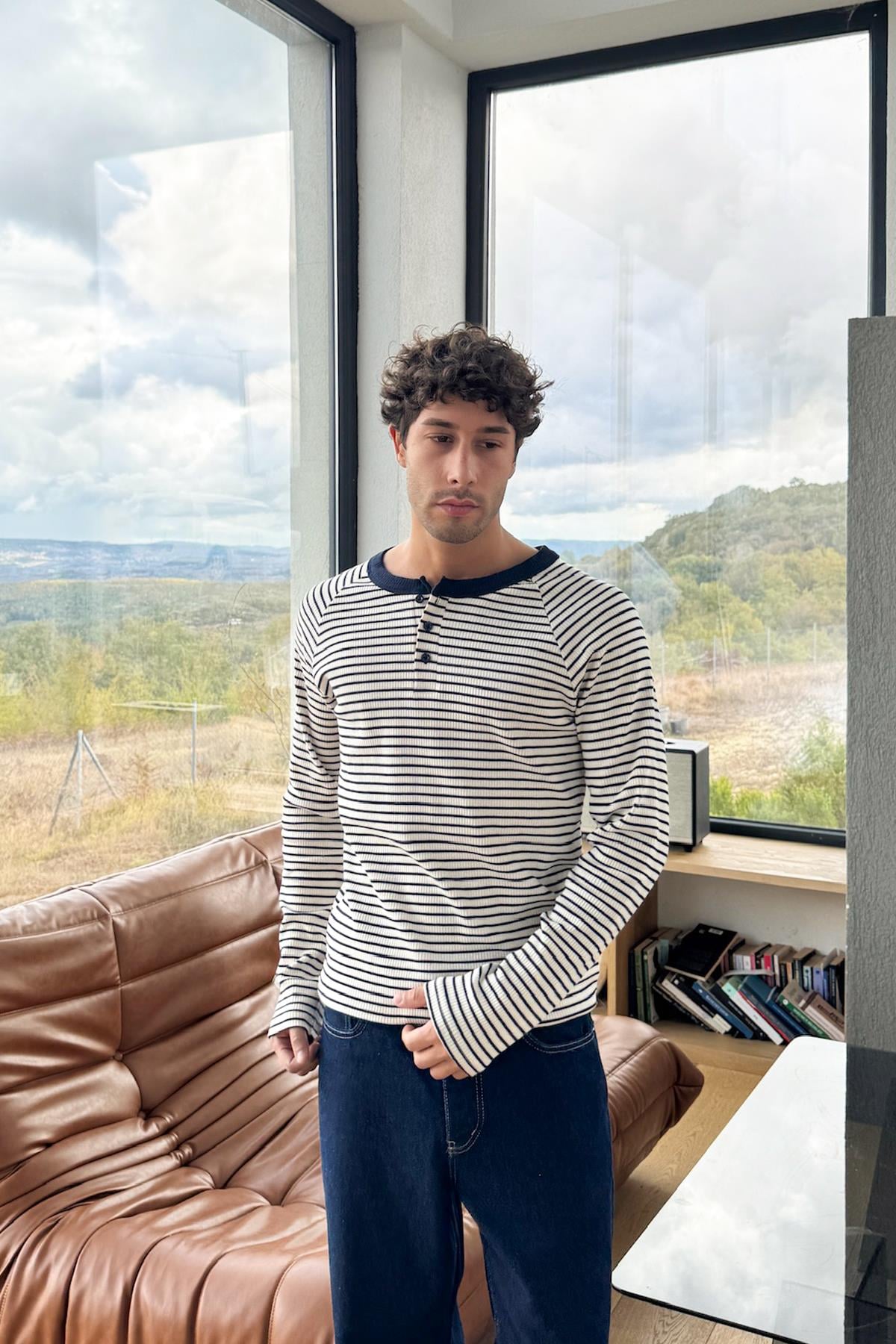 Düğmeli Çizgili Tişört Lacivert