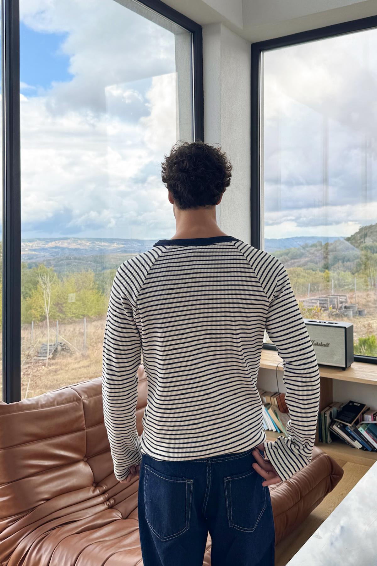 Düğmeli Çizgili Tişört Lacivert