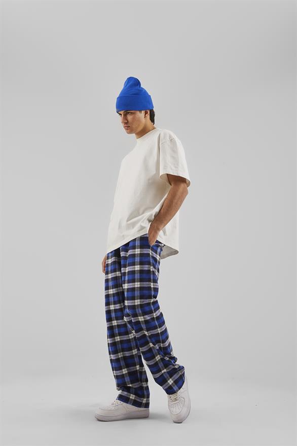 Ekose Desen Bel Lastikli Saks Mavisi Pijama