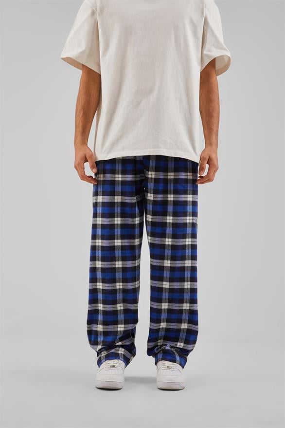 Ekose Desen Bel Lastikli Saks Mavisi Pijama