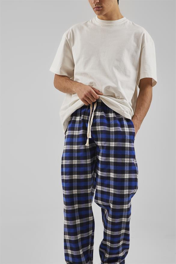 Ekose Desen Bel Lastikli Saks Mavisi Pijama