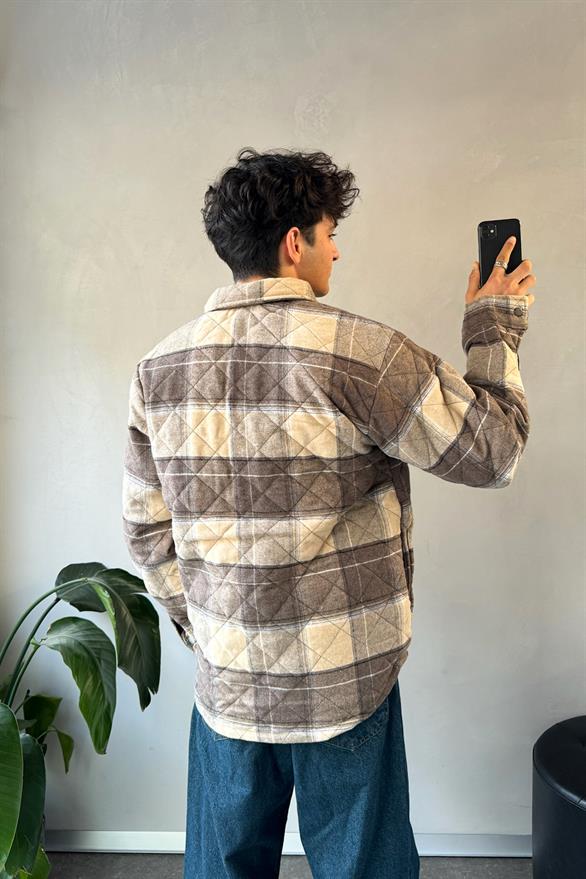 Ekose Desen Cep Detay Oversize Ceket Bej