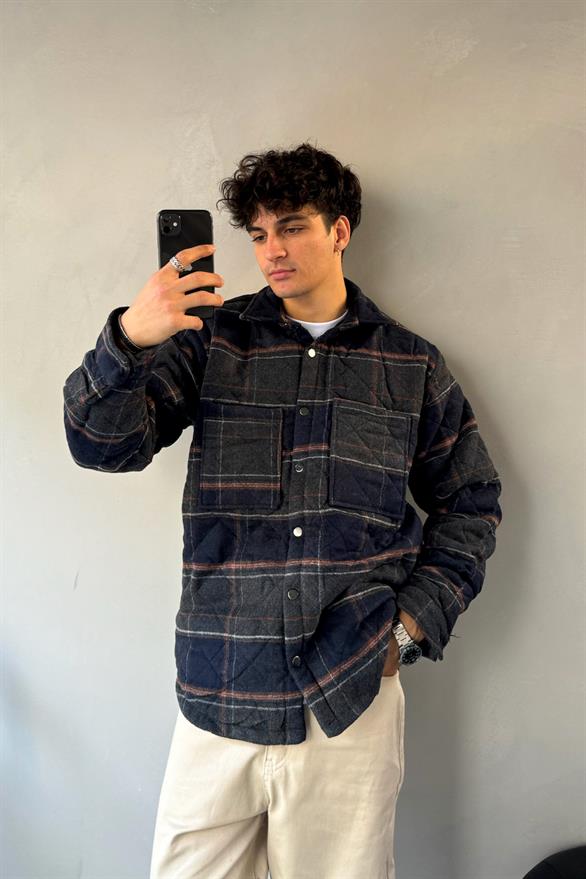 Ekose Desen Cep Detay Oversize Ceket Lacivert