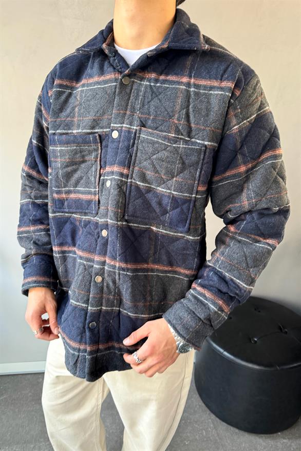 Ekose Desen Cep Detay Oversize Ceket Lacivert