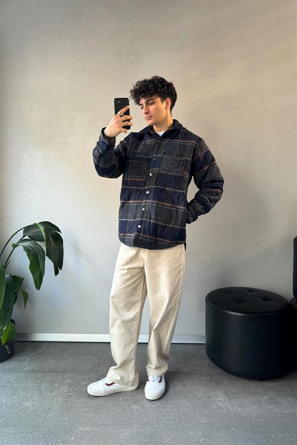 Ekose Desen Cep Detay Oversize Ceket Lacivert