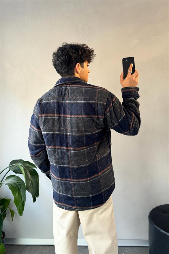 Ekose Desen Cep Detay Oversize Ceket Lacivert