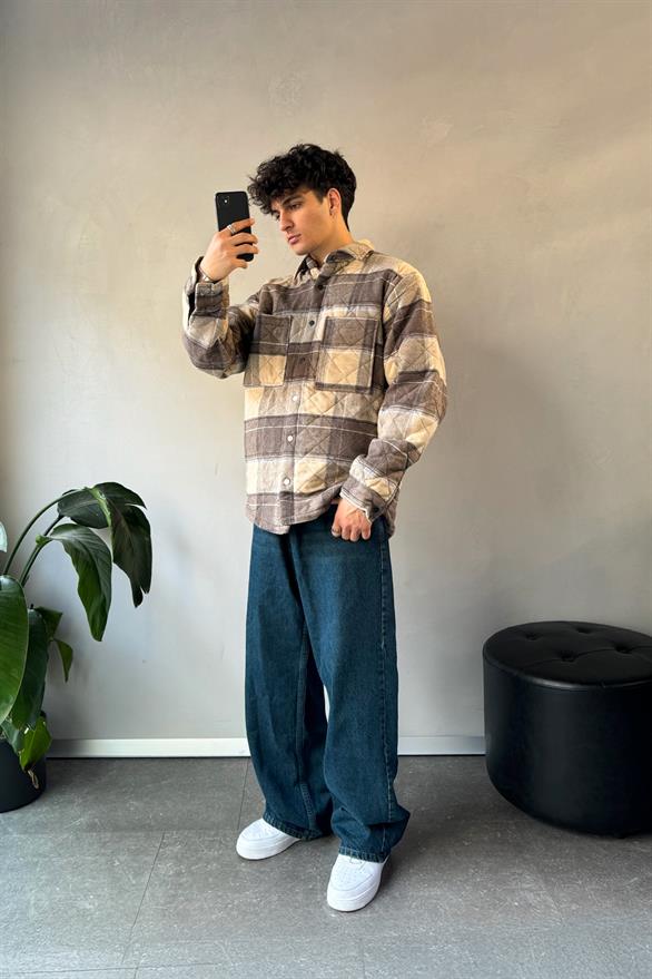 Ekose Desen Cep Detay Oversize Ceket Bej