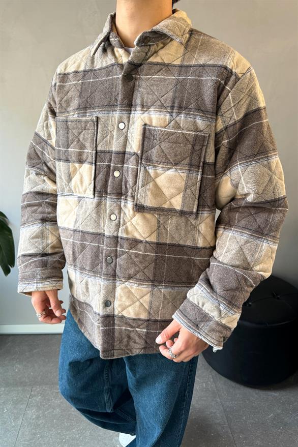 Ekose Desen Cep Detay Oversize Ceket Bej