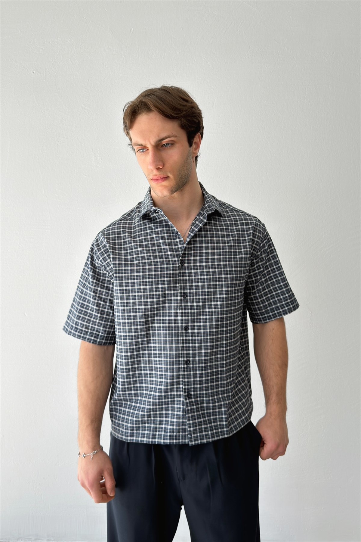 Ekose Kısa Kol Yeşil Poplin Gömlek