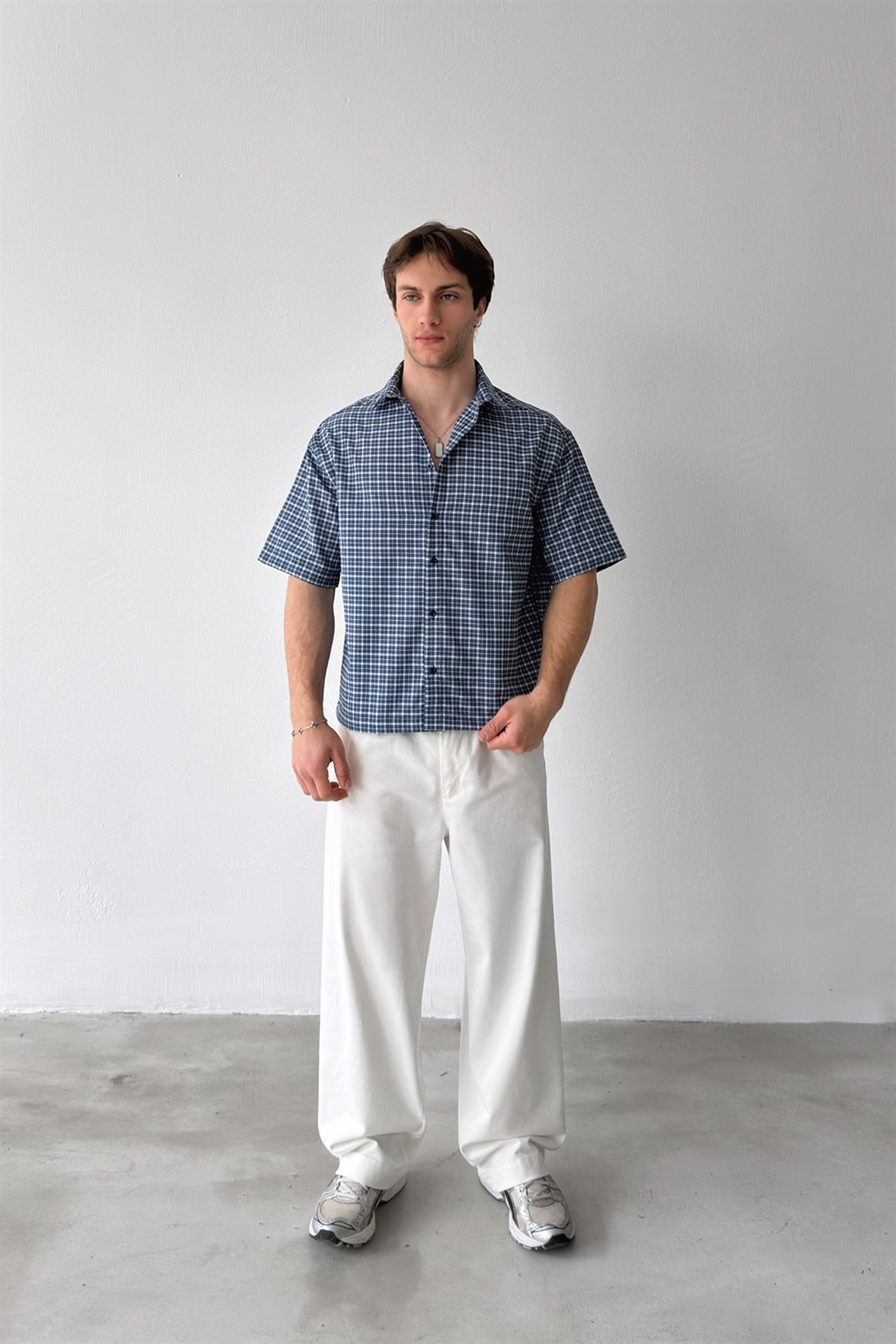 Ekose Kısa Kol Mavi Poplin Gömlek