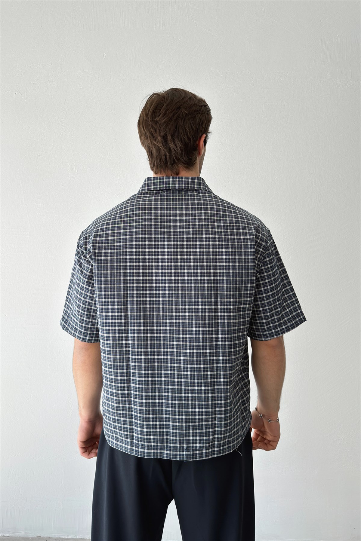 Ekose Kısa Kol Yeşil Poplin Gömlek