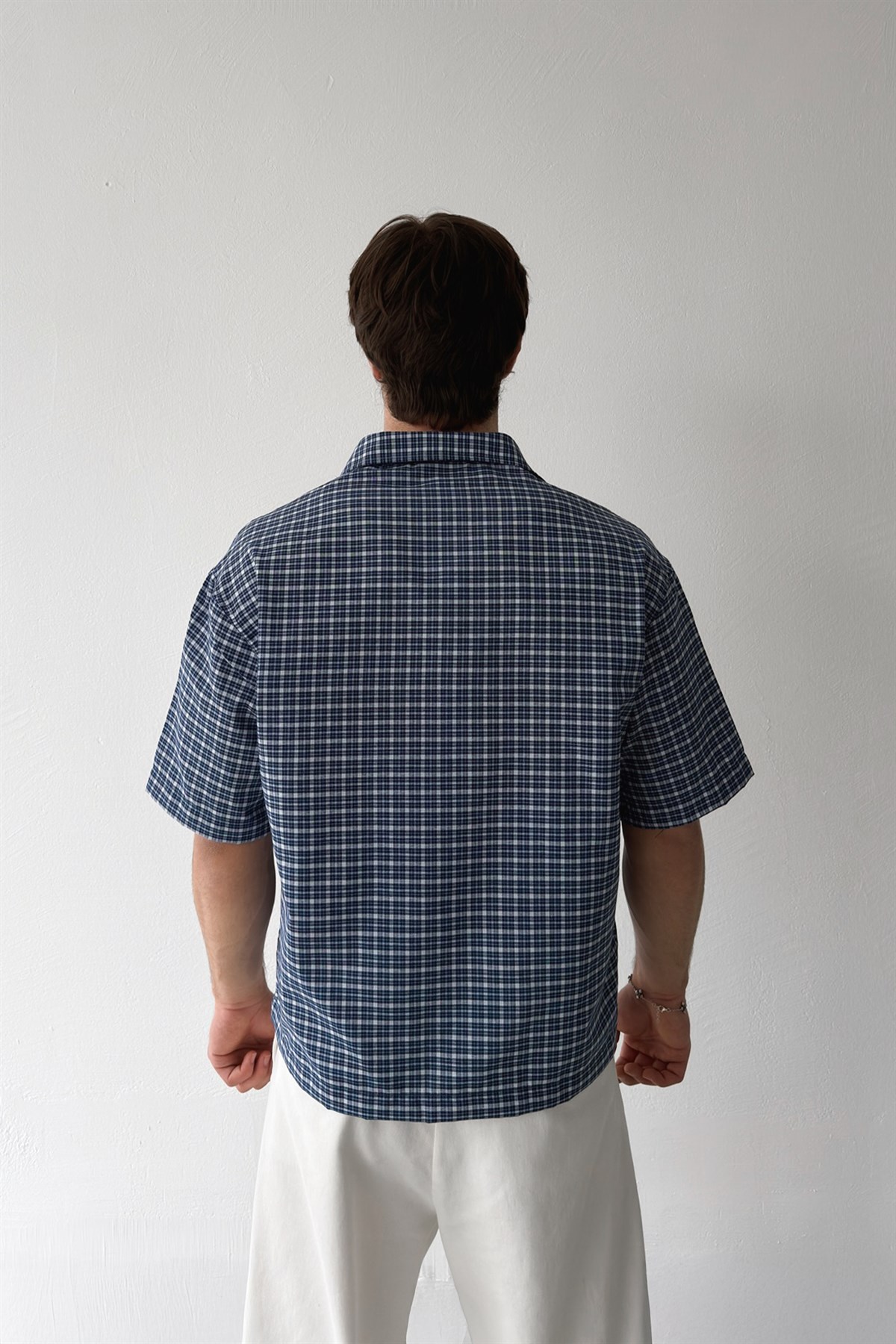 Ekose Kısa Kol Mavi Poplin Gömlek