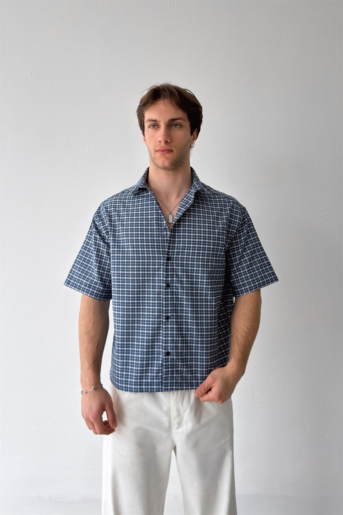 Ekose Kısa Kol Mavi Poplin Gömlek