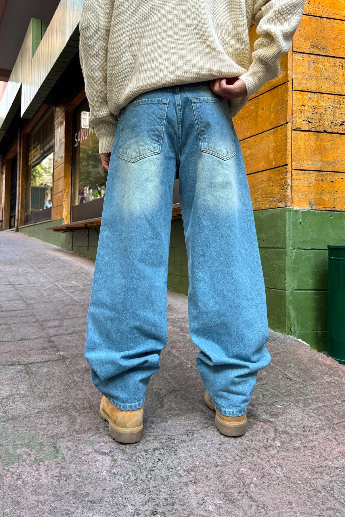 Eskitme Çizgili Baggy Jean Açık Mavi