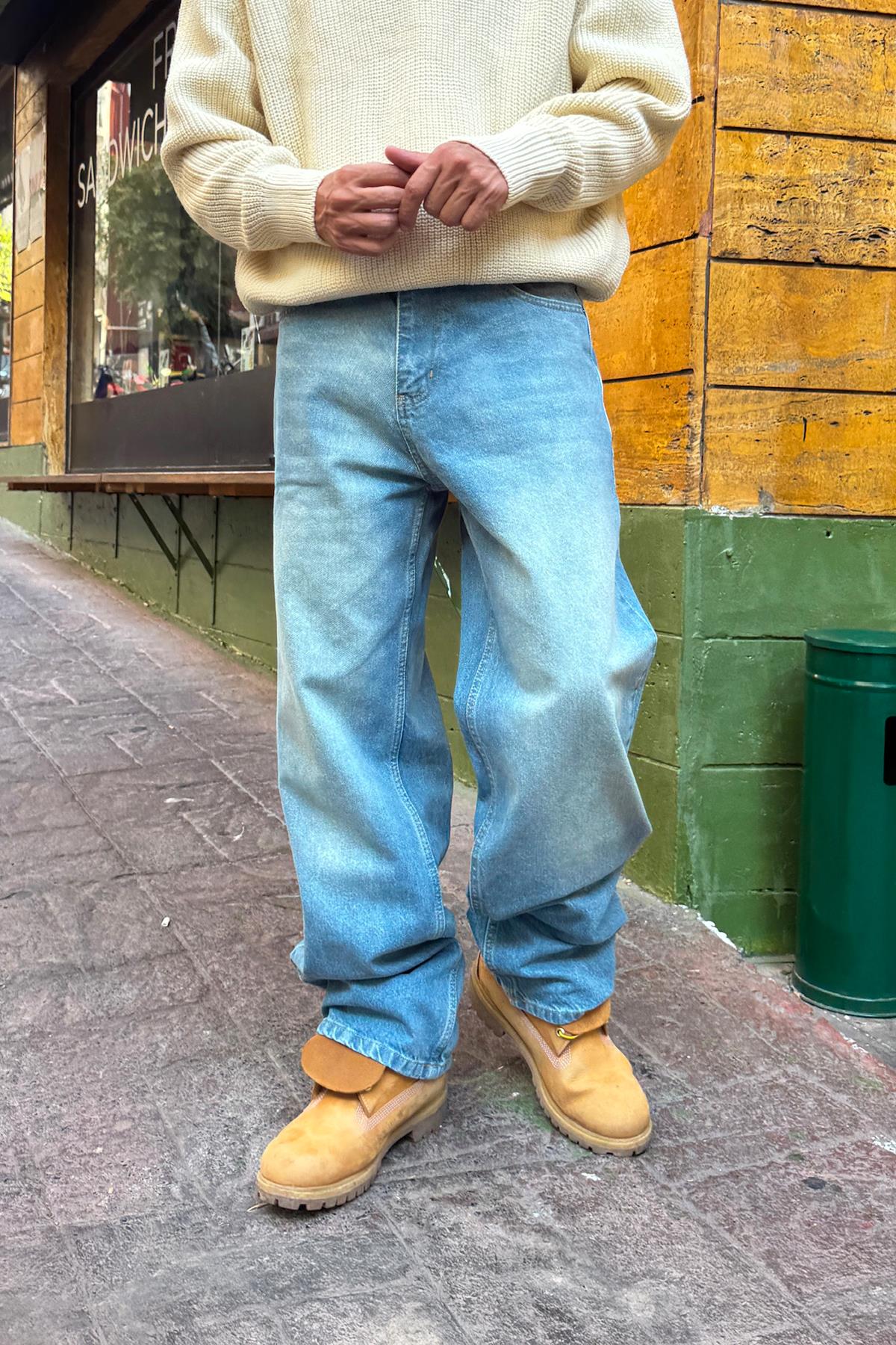 Eskitme Çizgili Baggy Jean Açık Mavi
