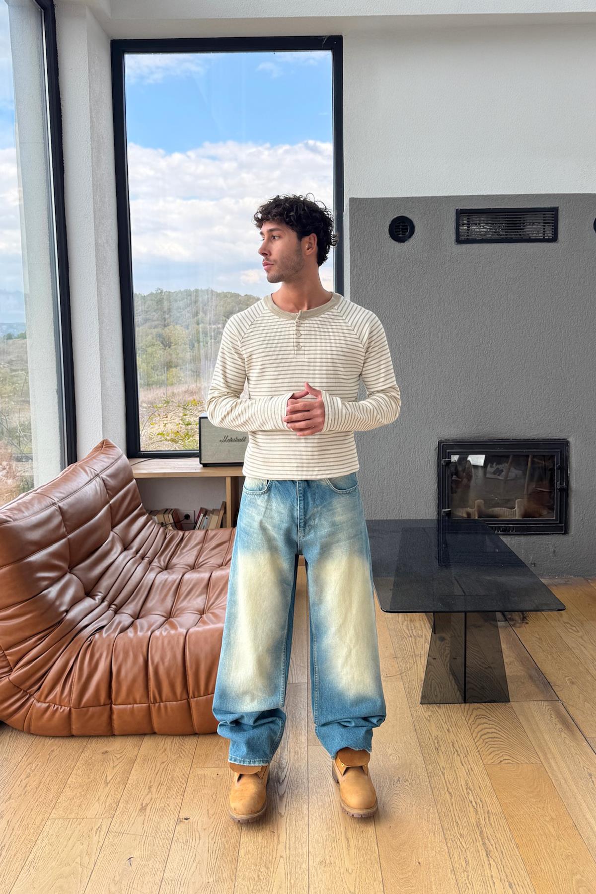 Eskitme Detay Çizgili Baggy Jean Mavi