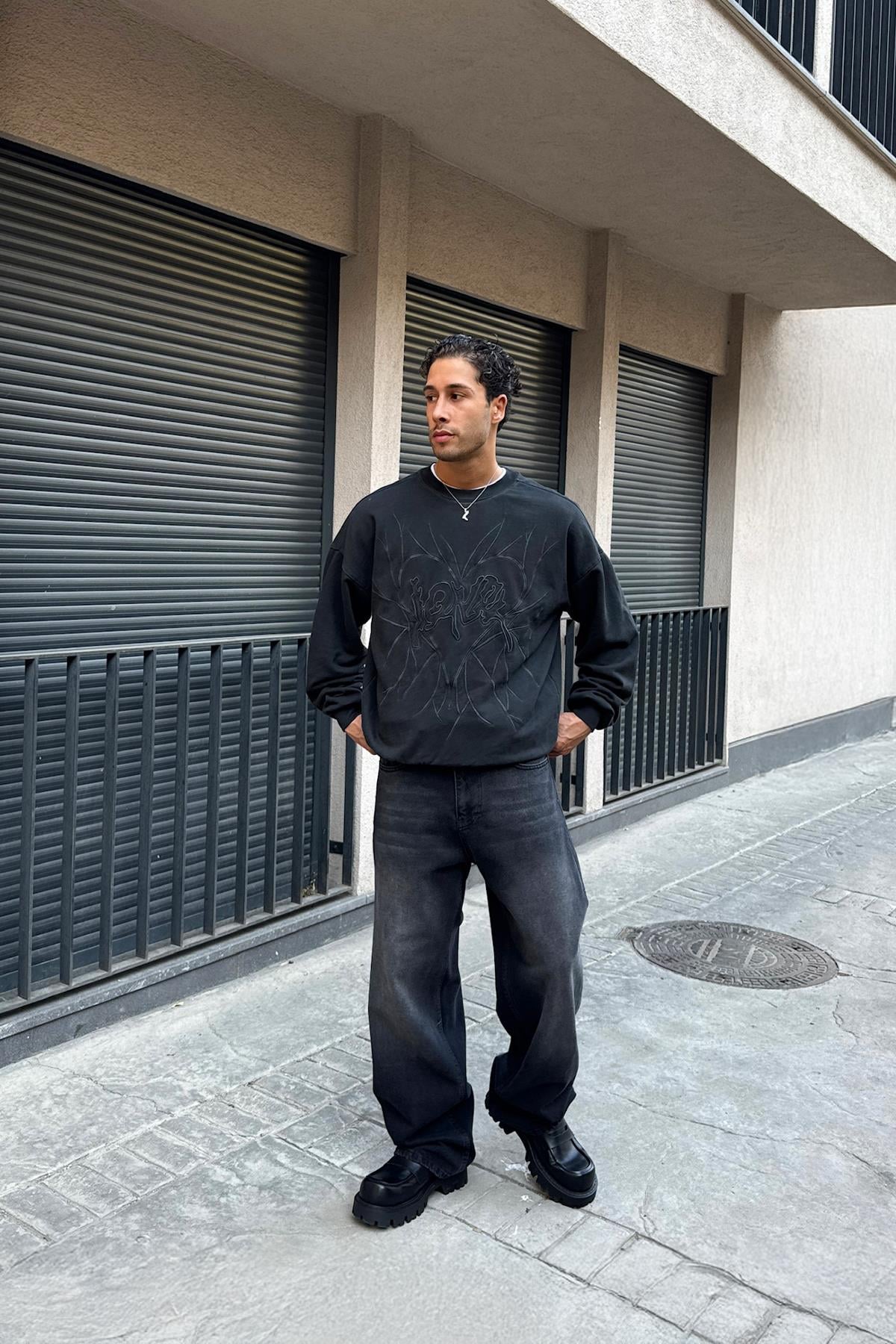 Eskitme Detay Çizgili Baggy Jean Siyah