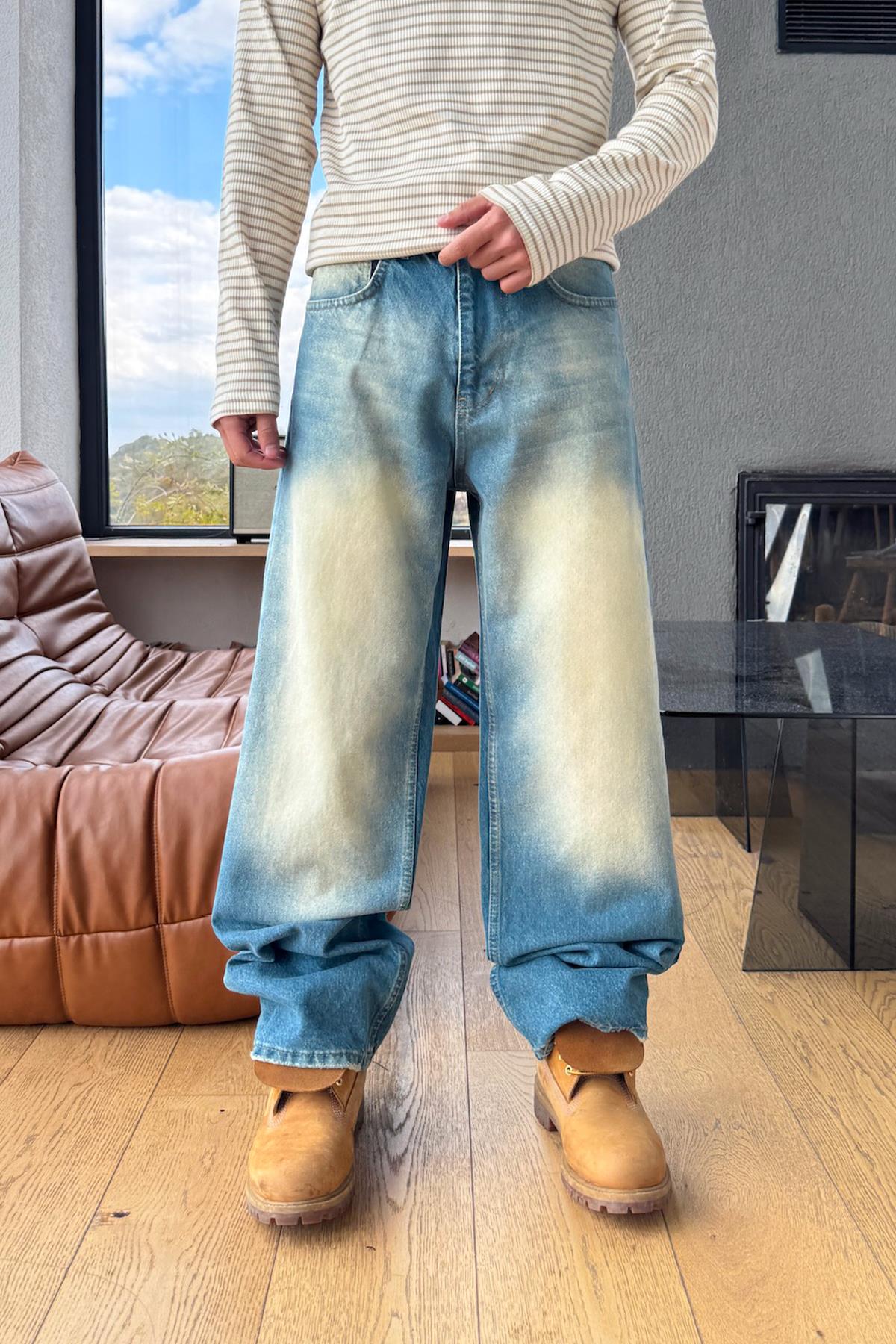 Eskitme Detay Çizgili Baggy Jean Mavi
