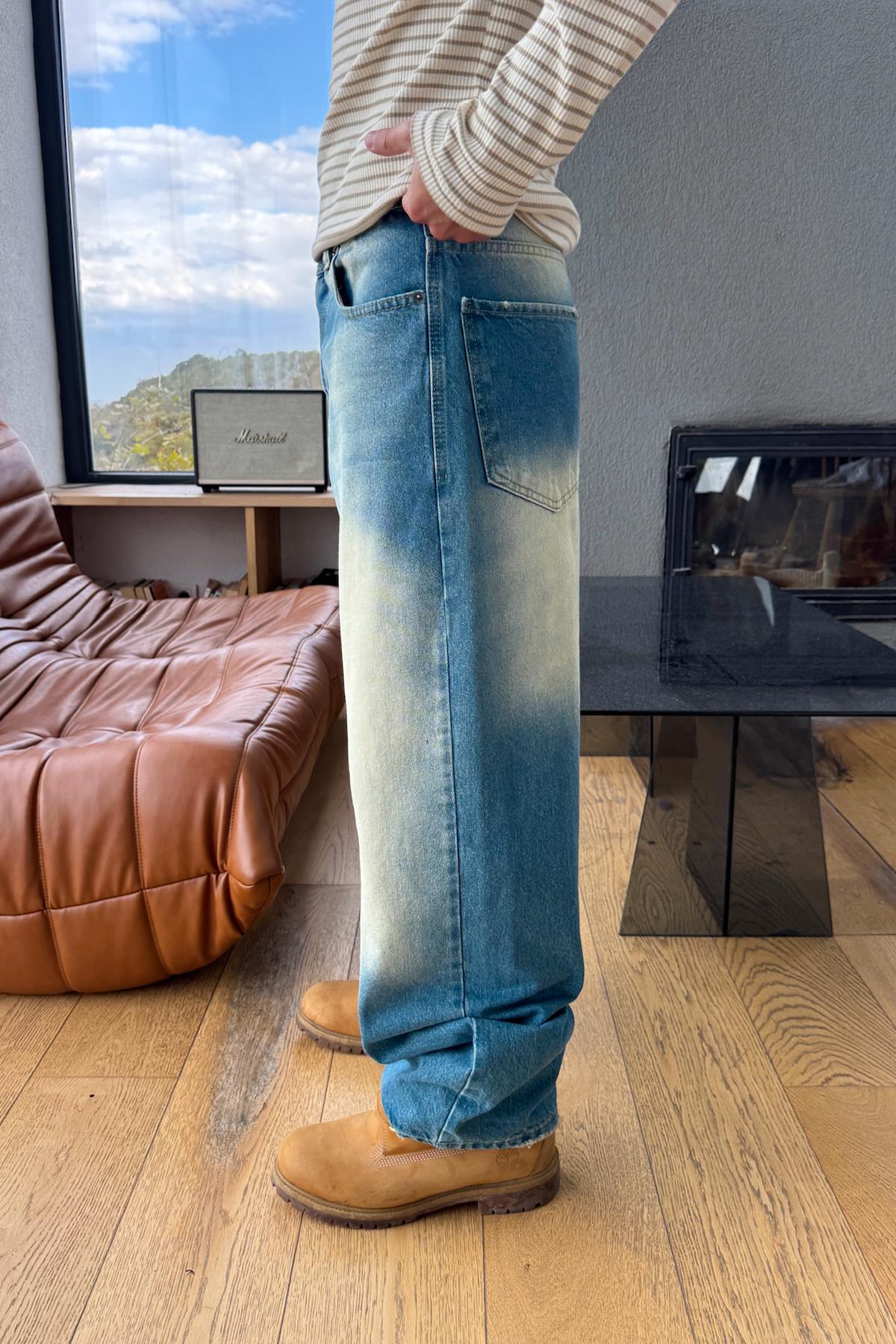 Eskitme Detay Çizgili Baggy Jean Mavi