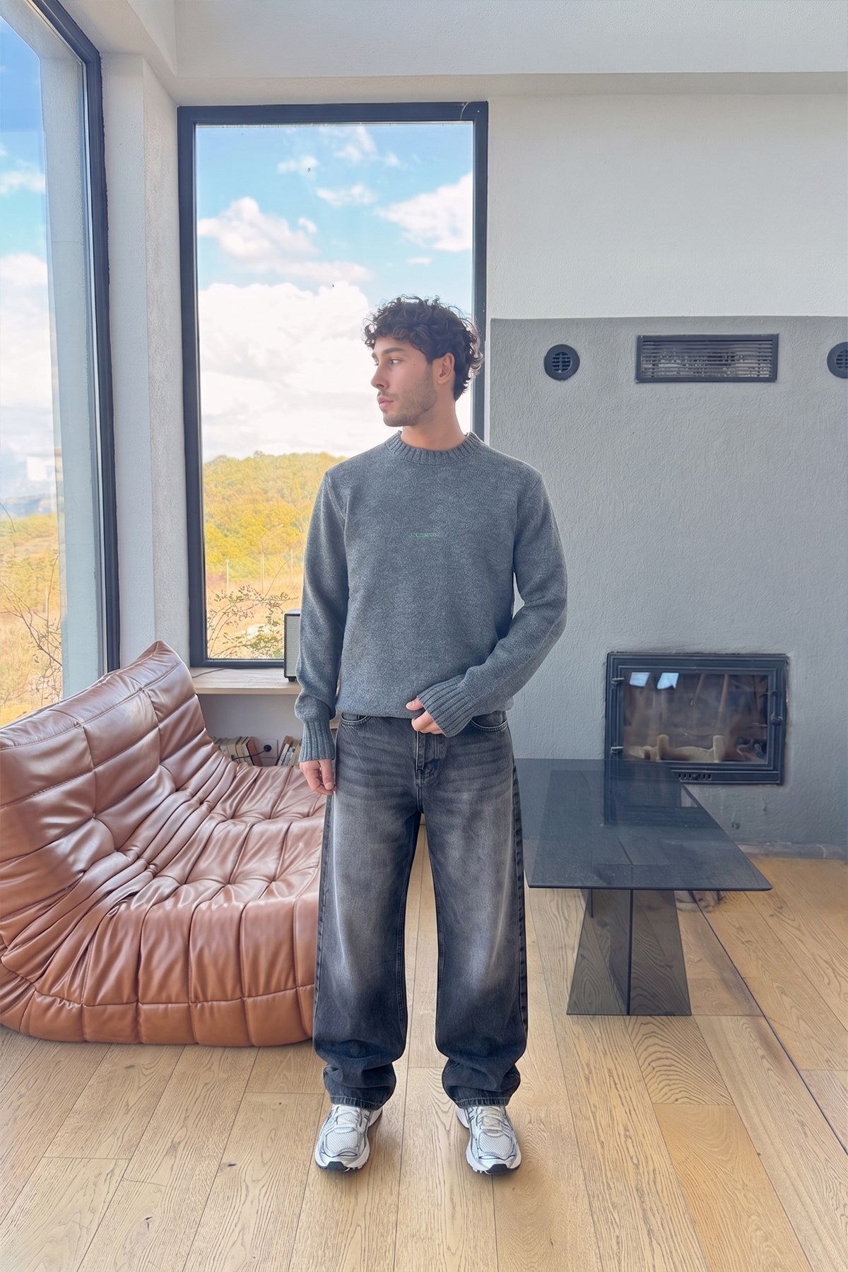 Eskitme Detay Çizgili Baggy Jean Antrasit