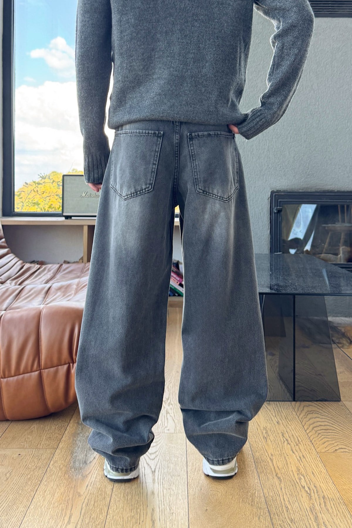 Eskitme Detay Çizgili Baggy Jean Antrasit