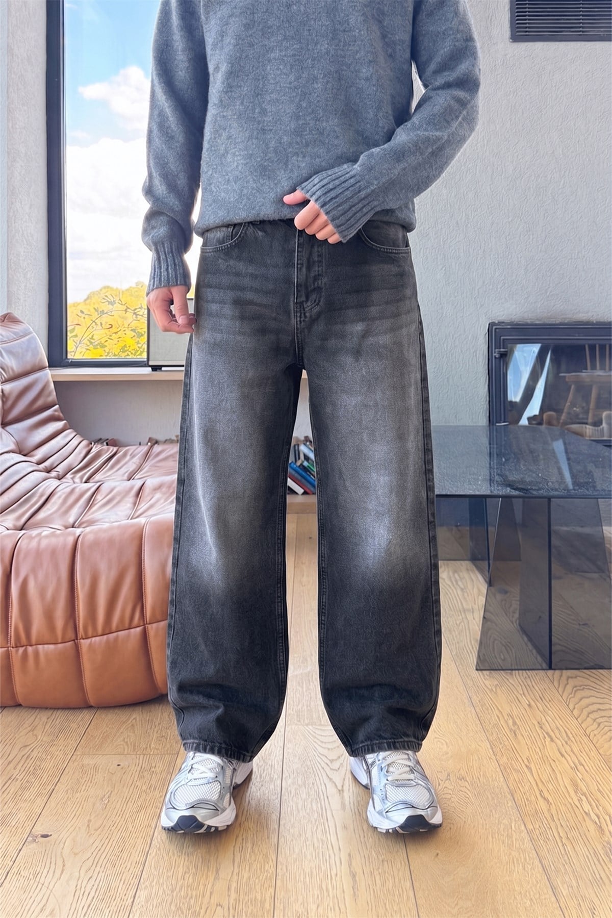 Eskitme Detay Çizgili Baggy Jean Antrasit