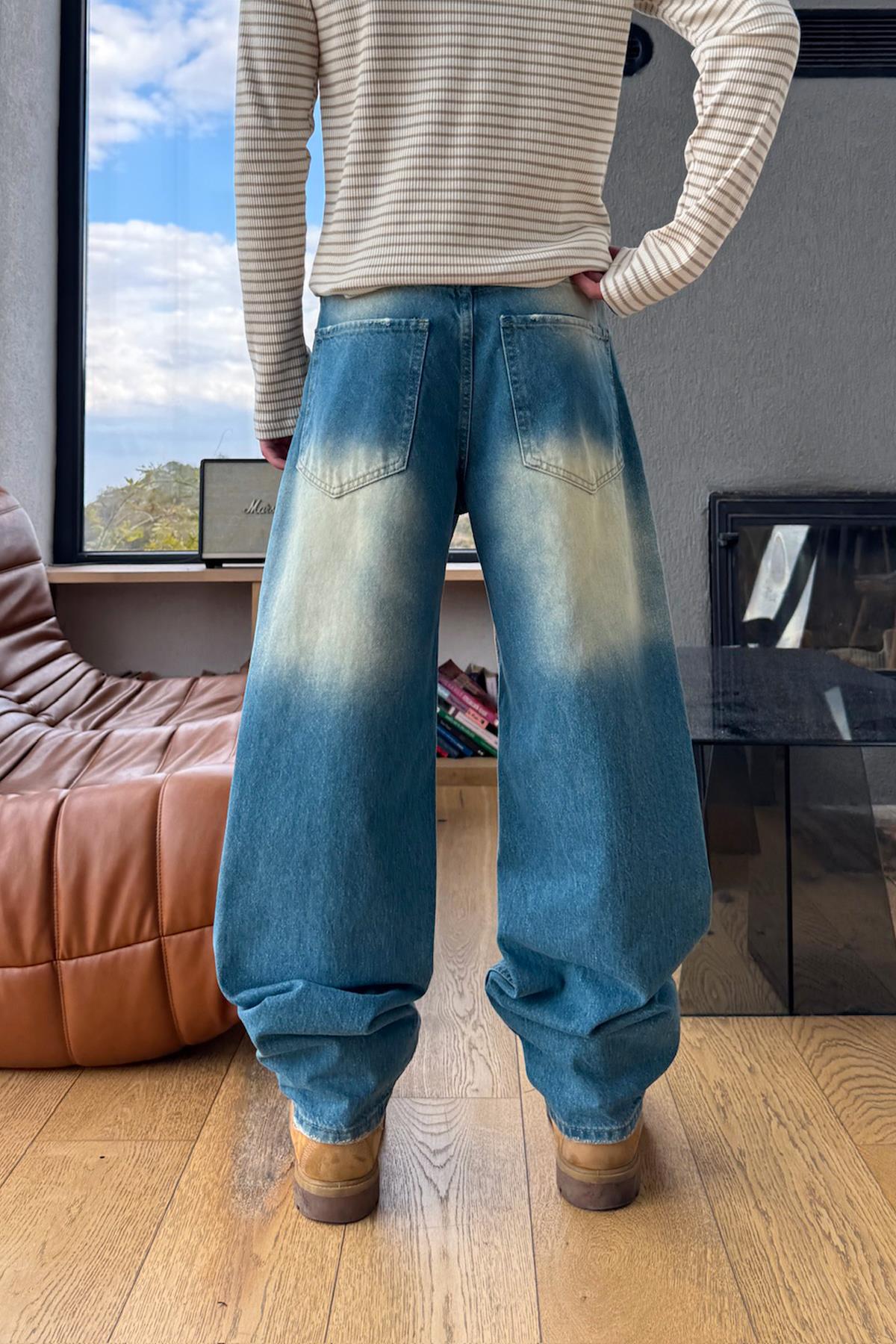 Eskitme Detay Çizgili Baggy Jean Mavi
