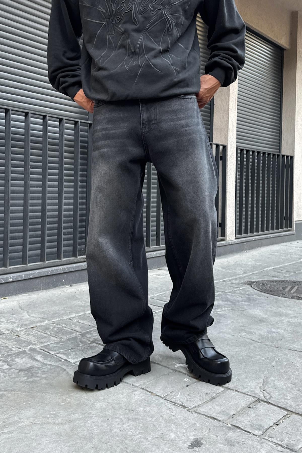 Eskitme Detay Çizgili Baggy Jean Siyah