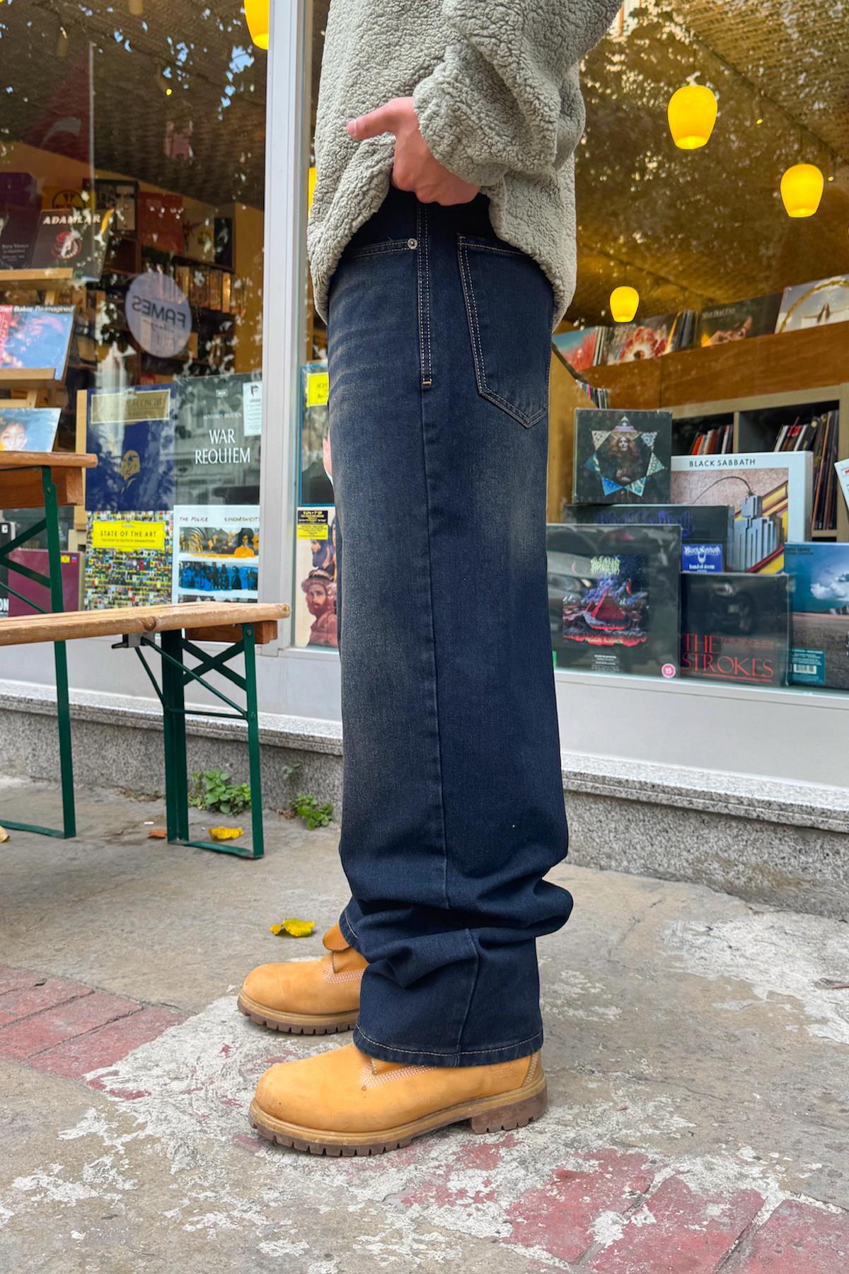 Eskitme Model Çizgili Baggy Jean Koyu Lacivert