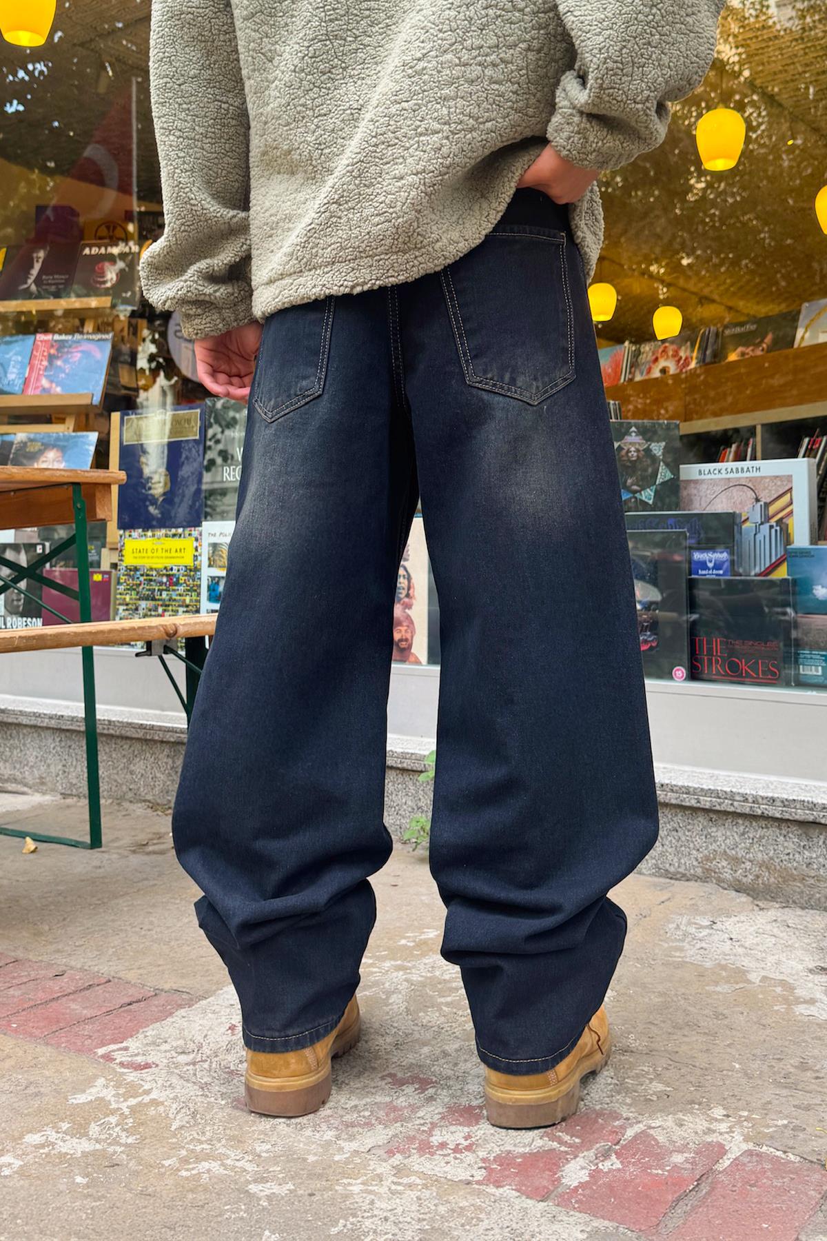 Eskitme Model Çizgili Baggy Jean Koyu Lacivert