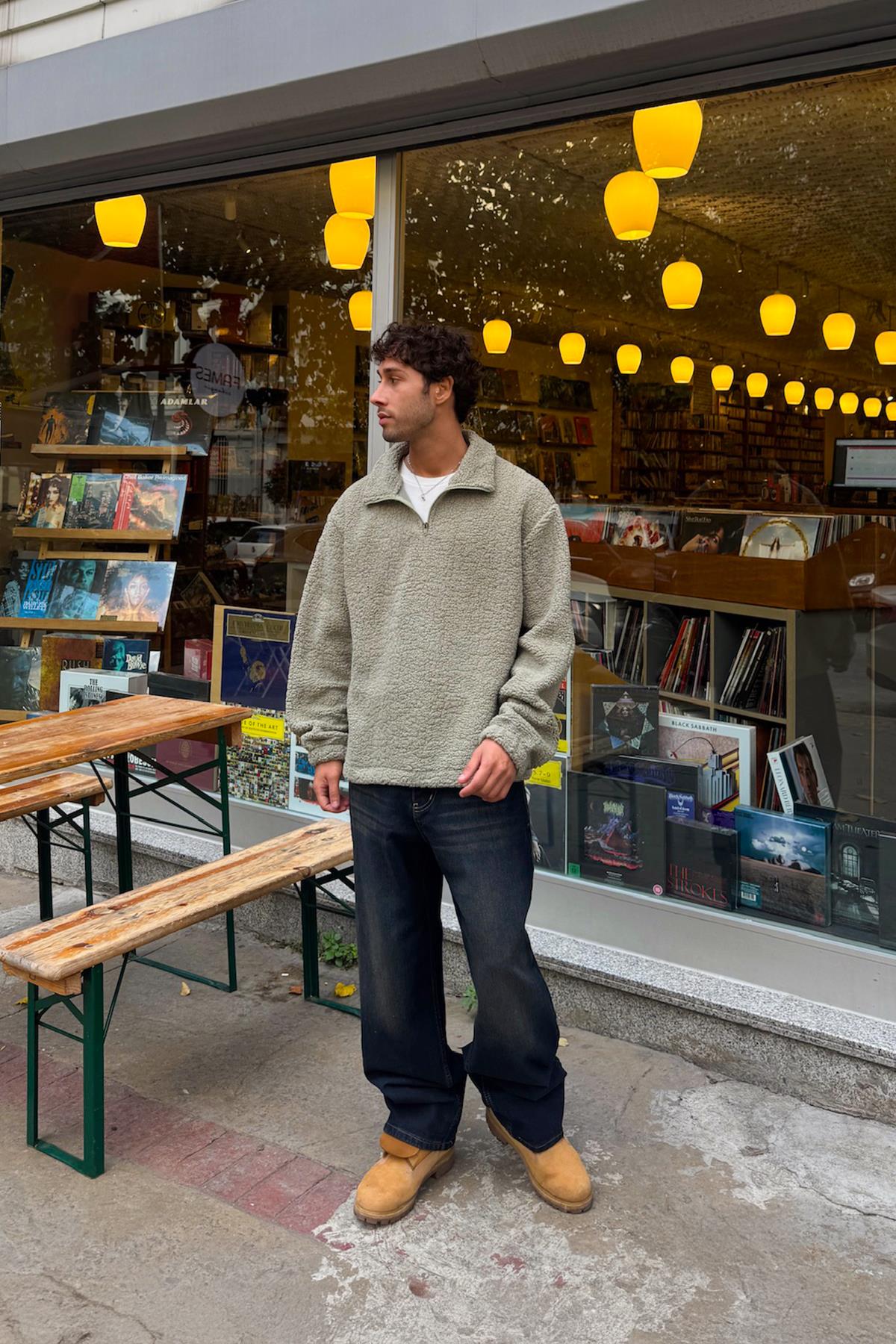 Eskitme Model Çizgili Baggy Jean Koyu Lacivert