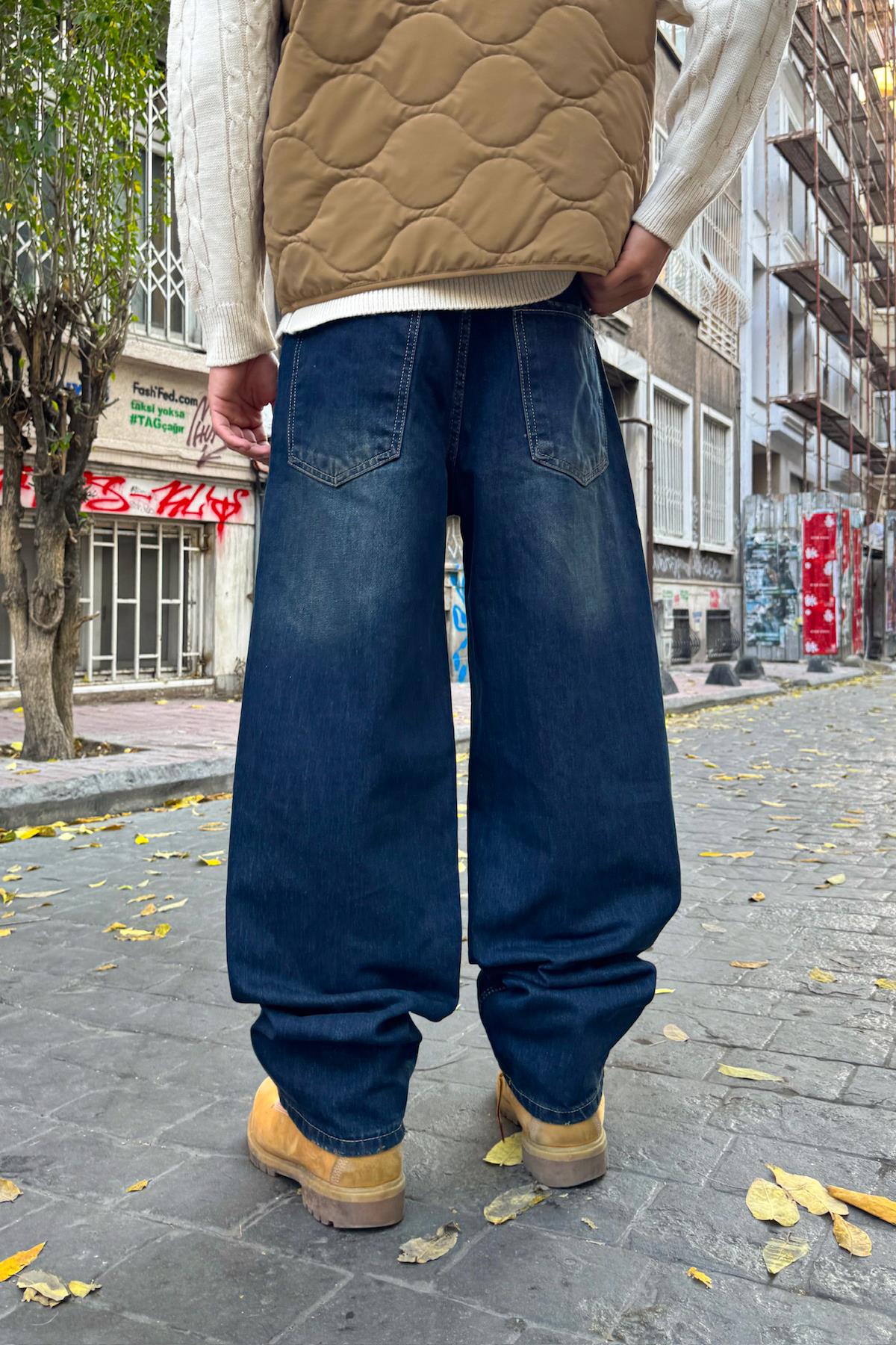 Eskitme Model Çizgili Baggy Jean Lacivert