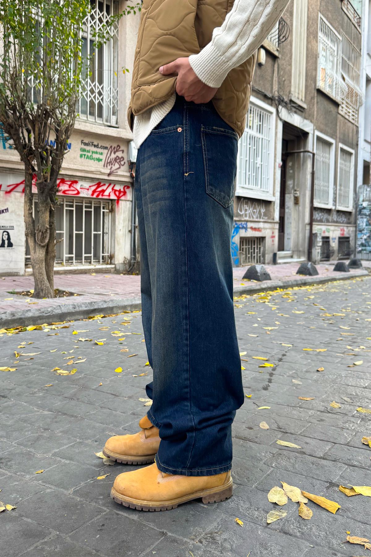 Eskitme Model Çizgili Baggy Jean Lacivert