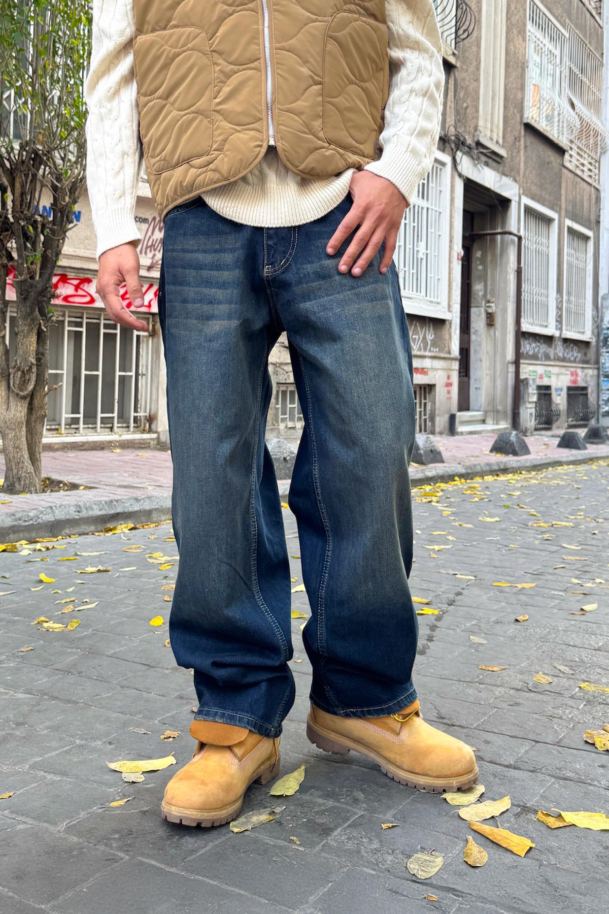 Eskitme Model Çizgili Baggy Jean Lacivert
