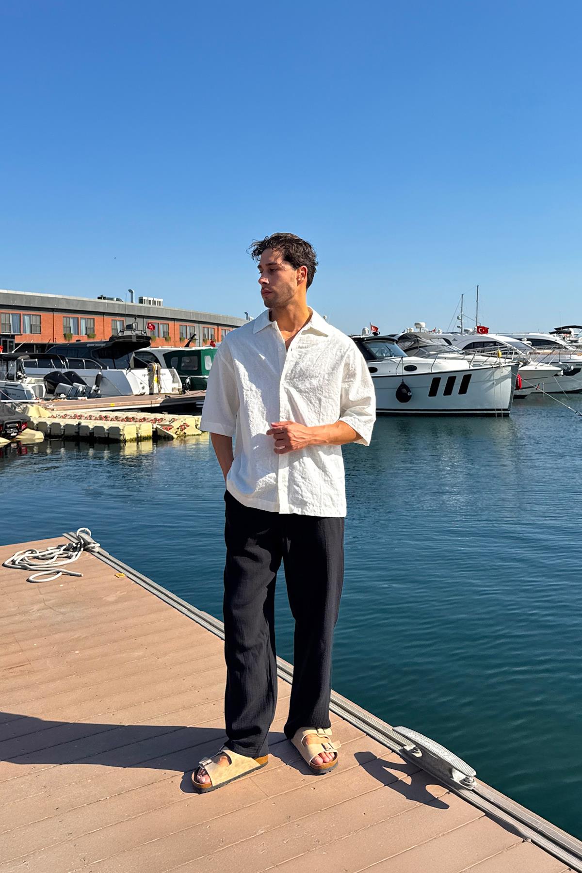 Etnic Desen Kısa Kol Oversize Gömlek Ekru