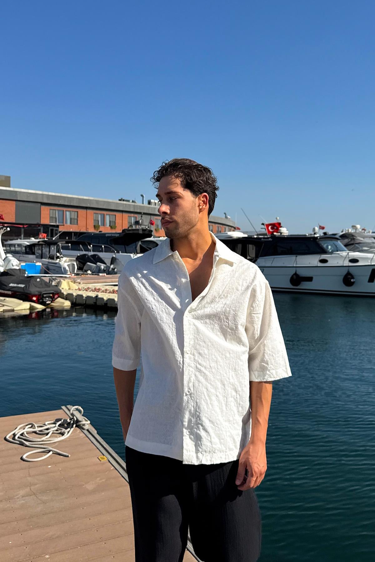 Etnic Desen Kısa Kol Oversize Gömlek Ekru