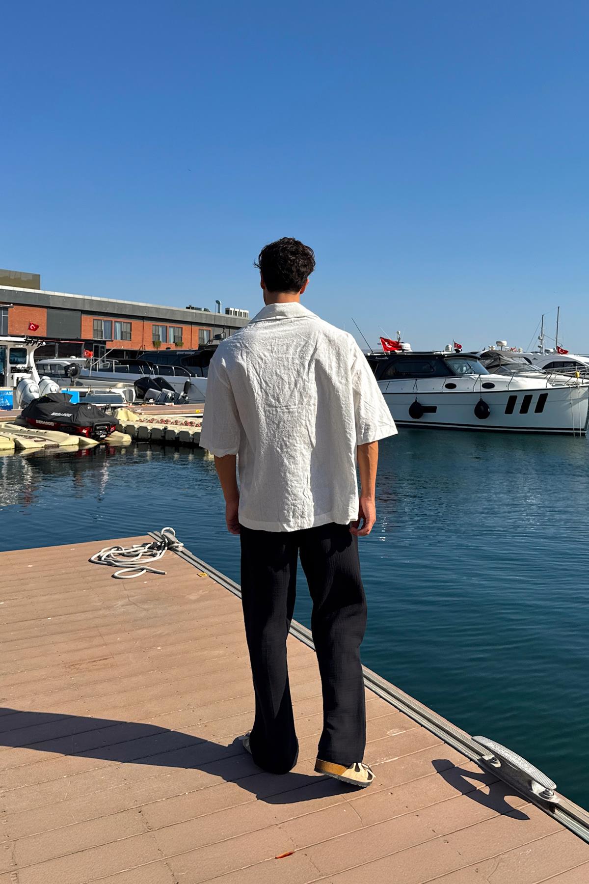 Etnic Desen Kısa Kol Oversize Gömlek Ekru