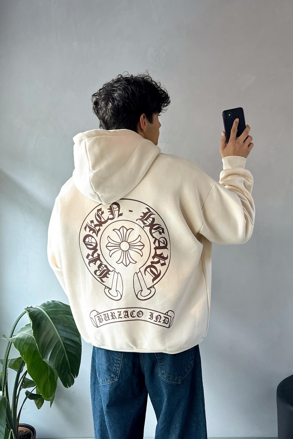 Etnik Sırt Baskılı Bej Oversize Hoodie