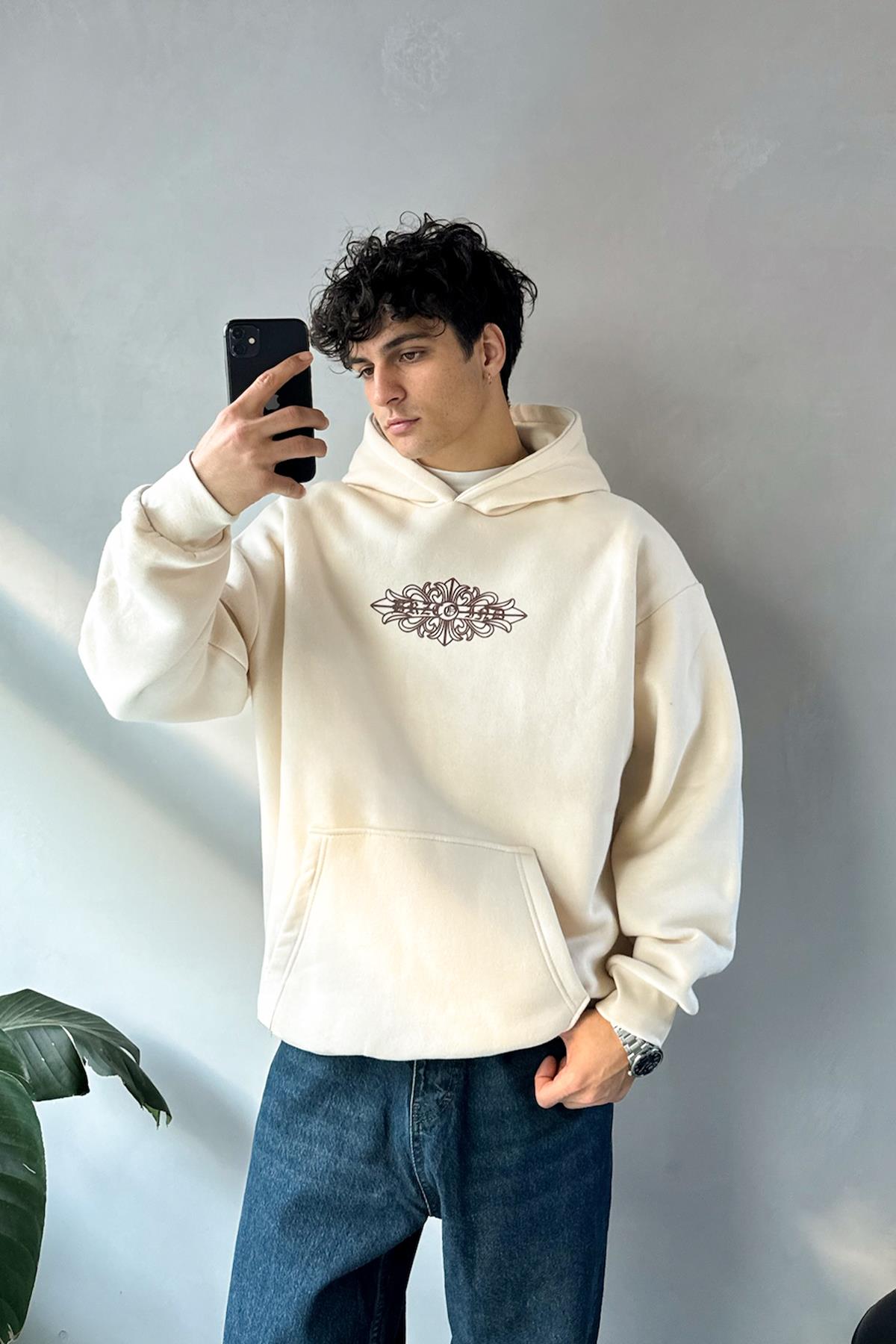 Etnik Sırt Baskılı Bej Oversize Hoodie