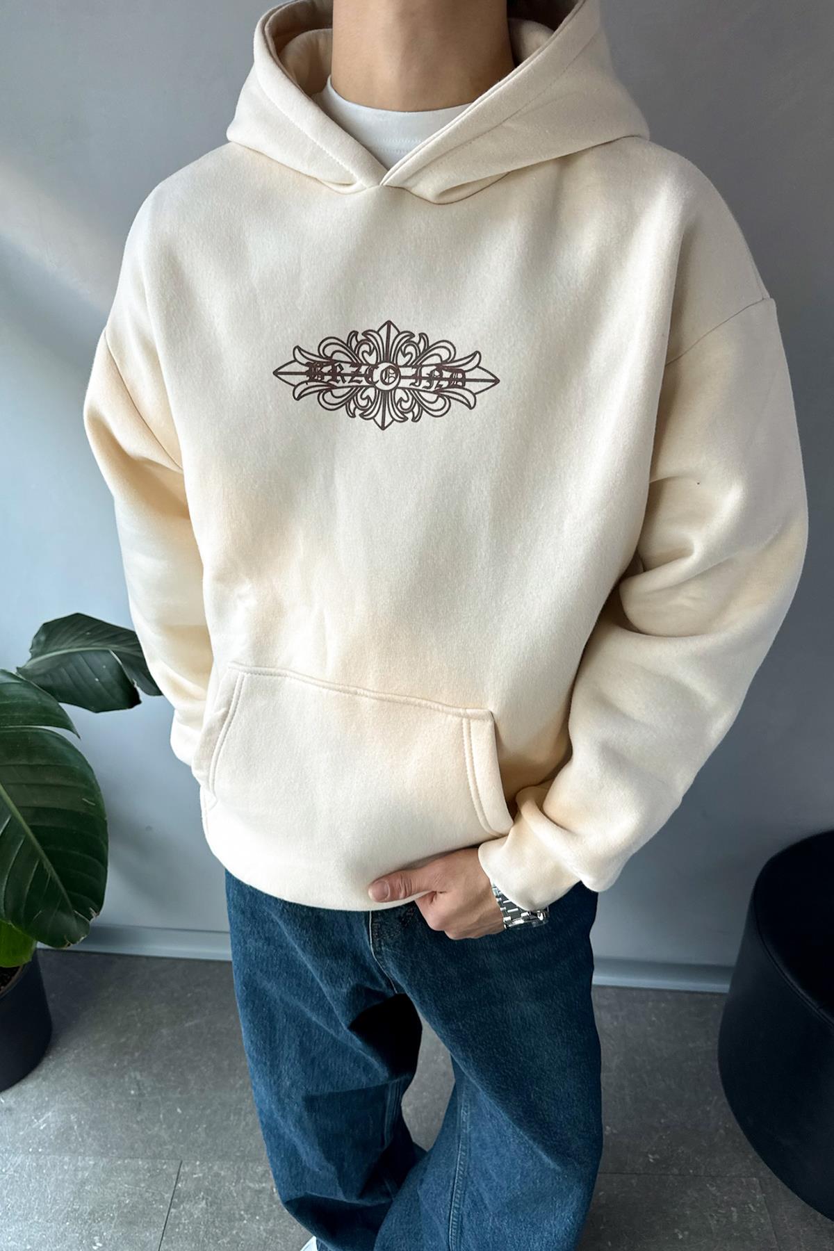 Etnik Sırt Baskılı Bej Oversize Hoodie