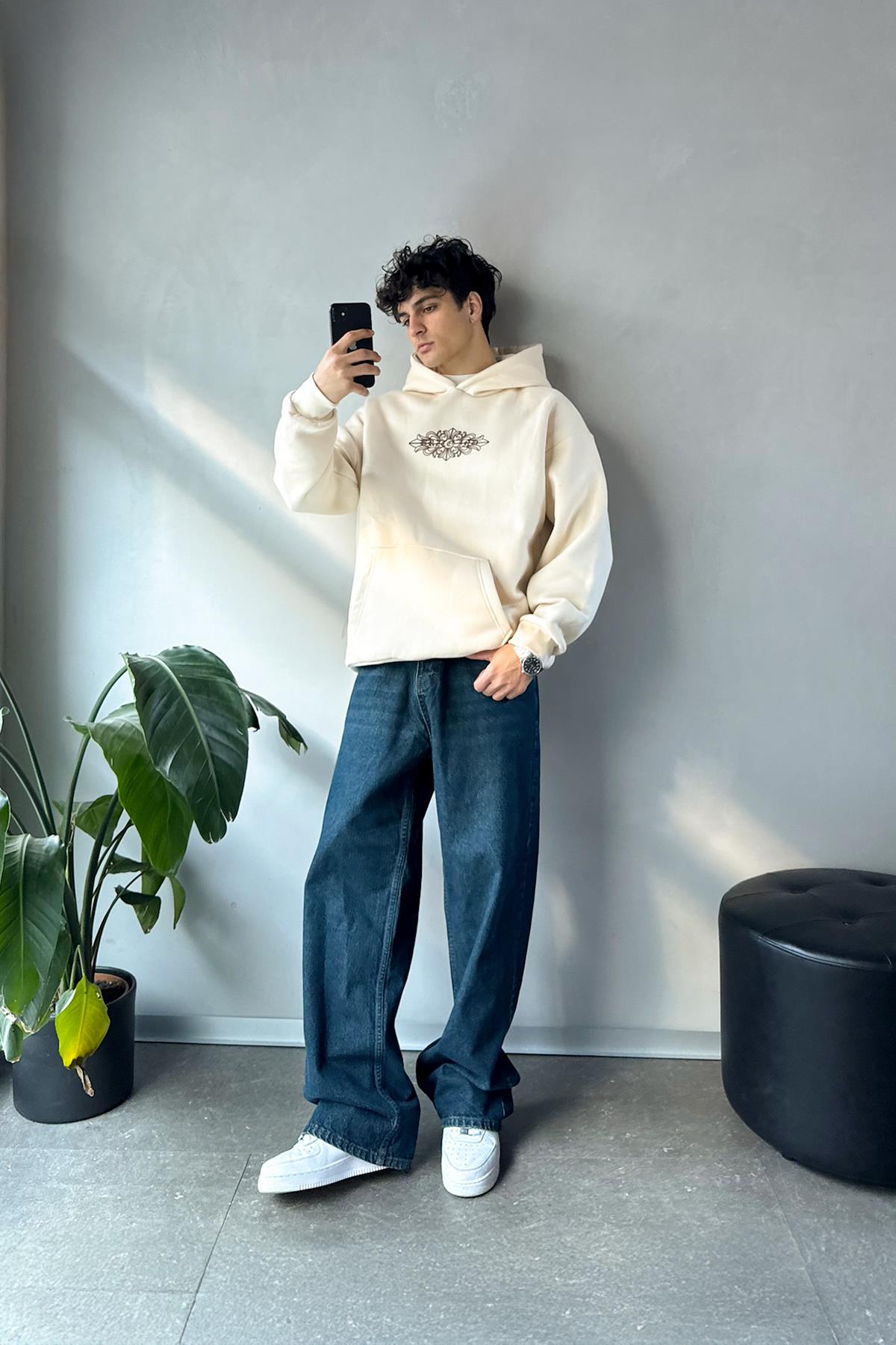 Etnik Sırt Baskılı Bej Oversize Hoodie