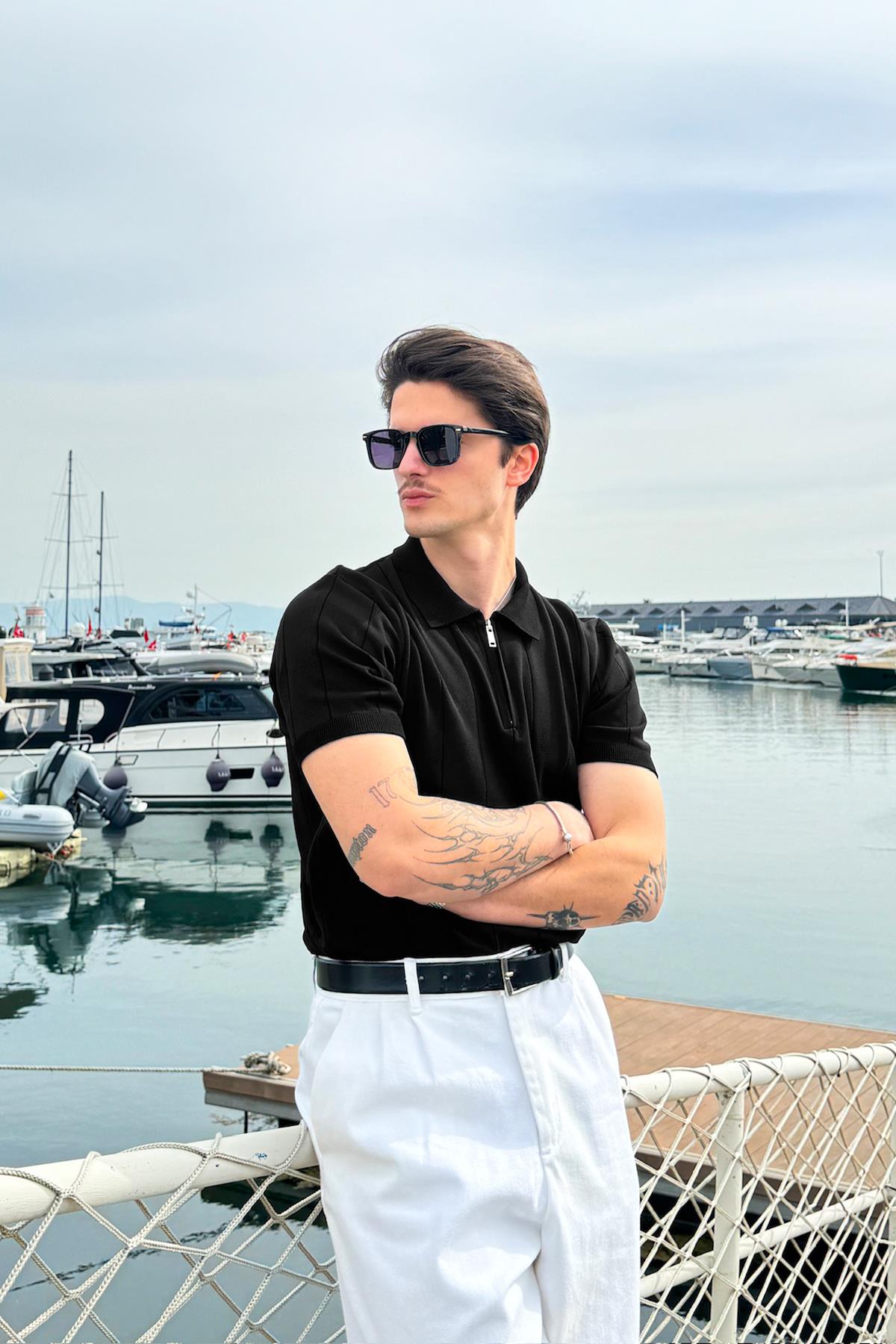 Fermuarlı Çizgi Dikiş Siyah Triko Tişört